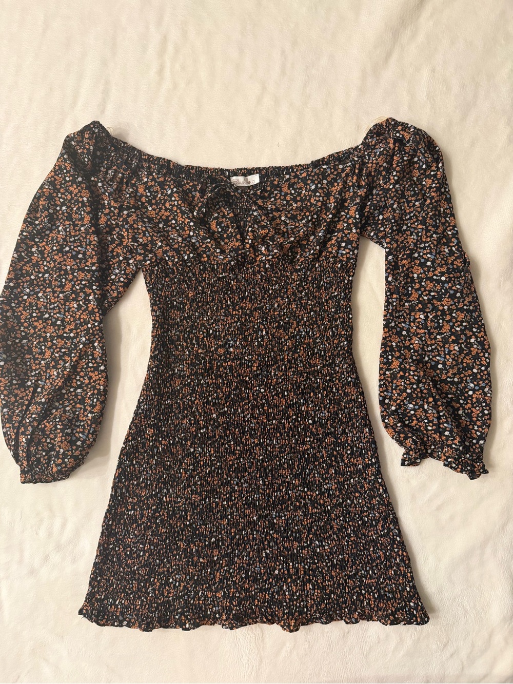 Blush J Floral Smocked Mini Dress Medium Black Orange Ditsy